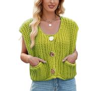 RWGSNB Pullunder Damen Ärmellos Damen Crop-Strickweste mit Knopfleiste Grob Gestrickt Kurze Ärmel Lockerer Lässiger Sommer-Strickpullover mit Taschen Streetwear-Strickoberteil für Den Alltag Sal