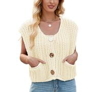 RWGSNB Pullunder Damen Ärmellos Damen Crop-Strickweste mit Knopfleiste Grob Gestrickt Kurze Ärmel Lockerer Lässiger Sommer-Strickpullover mit Taschen Streetwear-Strickoberteil für Den Alltag Bei