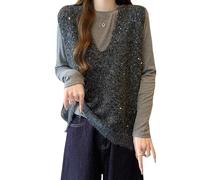 RWGSNB Pullunder Damen Ärmellos Damen Pailletten Strickpullover Weste Glitzer Ärmellos Pullover Lässige Westen Tunika Herbst Warm Strickmode Party Schimmer Tank Top Grau S