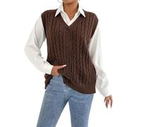 RWGSNB Pullunder Damen Ärmellos Damen Pullover Weste V Ausschnitt Schick Gedrehte Streifen Zopfmuster Ärmellos Strickjacke Button Down Basic Einfarbig Strickwesten Lässig Herbst Tanktops Braun M
