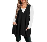 RWGSNB Pullunder Damen Ärmellos Damen Strickweste mit V Ausschnitt Oversize Strickpullover In Midilänge mit Taschen Lockere Passform Ärmellose Herbstpullover Tanktops Übergröße Schwarz XL