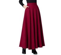 RWGSNB Rock Damen Langer Wollrock Damen mit Taschen Hohe Taille Schmaler Voller Schwung Vintage Herbst Winter Warmer Langer Wollrock In A Linie für Den Alltag Dating Burgunderrot M