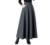 RWGSNB Rock Damen Langer Wollrock Damen mit Taschen Hohe Taille Schmaler Voller Schwung Vintage Herbst Winter Warmer Langer Wollrock In A Linie für Den Alltag Dating Grau L