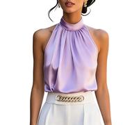 RWGSNB Tank Top Damen Elegant, Damen Satin Neckholder Tanktop Lila Seidensatin Ärmellose Bluse Elegant Plissiertes Y2K Weste Sommer Casual Camisole Wickeltop für Hochzeit Party Abend XXL