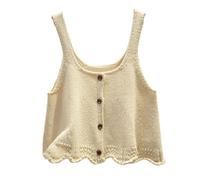 RWGSNB Tank Top Damen Elegant, Damen Sommer Stricktop Tanktop mit Wellensaum Rundhalsausschnitt Knopfleiste Kurzes Camisole Top Ärmellose Strickjacke Süßes Ausgeh Camisole Shirt Urlaubs und Stran