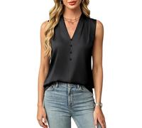 RWGSNB Tank Top Damen Elegant, Damen Tanktop Aus Seidensatin Ärmellos mit Knopfleiste Elegant V Ausschnitt Lässig für Sommer Business und Freizeit Leicht Schwarz Größe L