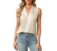 RWGSNB Tank Top Damen Elegant, Damen Tanktop Aus Seidensatin Ärmellos mit Knopfleiste Elegant V Ausschnitt Lässig für Sommer Business und Freizeit Leicht Beige Xs