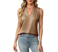RWGSNB Tank Top Damen Elegant, Damen Tanktop Aus Seidensatin Ärmellos mit Knopfleiste Elegant V Ausschnitt Lässig für Sommer Business und Freizeit Leicht Khaki Größe M