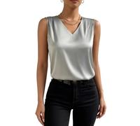 RWGSNB Tank Top Damen Elegant, Damen Tanktop Aus Seidensatin Lässiges V Ausschnitt Top Elegante Ärmellose Satinbluse Sommer Business Shirt Leichtes Ausgeh Shirt für Den Alltag Grau Größe L