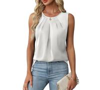 RWGSNB Tank Top Damen Elegant, Damen Tanktop Aus Seidensatin Rundhalsausschnitt Plissiertes Camisole Top Elegante Ärmellose Satinbluse Sommer und Businessbluse Leichtes Ausgeh Shirt Weiß XL