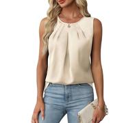 RWGSNB Tank Top Damen Elegant, Damen Tanktop Aus Seidensatin Rundhalsausschnitt Plissiertes Camisole Top Elegante Ärmellose Satinbluse Sommer und Businessbluse Leichtes Ausgeh Shirt Beige Xs