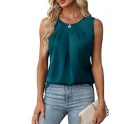 RWGSNB Tank Top Damen Elegant, Damen Tanktop Aus Seidensatin Rundhalsausschnitt Plissiertes Camisole Top Elegante Ärmellose Satinbluse Sommer und Businessbluse Leichtes Ausgeh Shirt Blau Xs