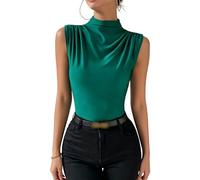 RWGSNB Tank Top Damen Elegant, Damen Tanktop Aus Seidensatin Stehkragen Geraffte Weste Grüne Ärmellose Satinbluse Sommer Basic T Shirt für Business und Freizeit Größe M