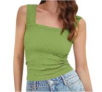 RWGSNB Tank Top Damen Elegant, Damen Tanktop Eckigem Ausschnitt Breiten Trägern Crop Top Blumen Rüschenbesatz Schmal Geschnitten Schickes Jacquard Camisole Ärmelloses Sommerblusen T Shirt Grün G