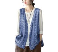 RWGSNB Tank Top Damen Elegant, Gehäkeltes Tanktop für Damen Ärmellose Boho Strickjacke Lochmuster Knopfleiste Leichte Strickweste Aus Transparentem Mesh Sommerurlaubsoutfit Strandkleid Blau Größe M
