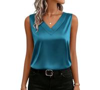 RWGSNB Tank Top Damen Elegant, Satin Tanktop Damen Basic V Ausschnitt Seidensatin Weste Elegante Ärmellose Bluse Sommer Freizeit Business Shirt Einfarbiges Ausgeh Shirt Blau XL