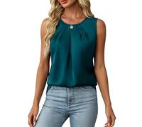 RWGSNB Tank Top Damen Elegant, Satin Tanktop Damen Plissiert Rundhalsausschnitt Seidensatin Weste Elegant Ärmellos Sommer Freizeit Business Arbeit Leichtes Ausgeh Shirt Blau Größe M