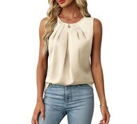 RWGSNB Tank Top Damen Elegant, Satin Tanktop Damen Plissiert Rundhalsausschnitt Seidensatin Weste Elegante Ärmellose Bluse Sommer Freizeitbluse Business Shirt Leichtes Ausgeh Shirt Beige L