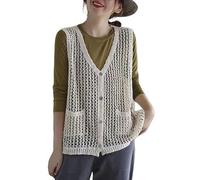 RWGSNB Weste Damen, Gehäkeltes Westentop für Damen Weiche Baumwolle Offene Vorderseite Knopfleiste Ärmellos Sommer Cardigan Ausgehöhlt Gestrickt Lässiges Tanktop Leichtes Cover Up für Den Allt