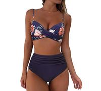 RXRXCOCO Damen Wickel Push Up Bikini Oberteil Bauchweg High Waist Bikini Set Bademode Blaue Blume Size S