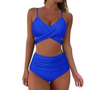 RXRXCOCO Damen Wickel Push Up Bikini Oberteil mit Bauchweg High Waist Bikini Set Bademode Blau Size L
