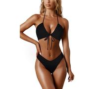 RXRXCOCO Sexy Brazilian Bikini Damen Set Triangel String Oberteil Bikini Set Tanga Bademode Schwarz Size S