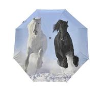 RXYY Weiß Tier Pferd Schwarz Falten Auto Öffnen Schließen Regenschirm für Frauen Männer Jungs Mädchen Winddicht Kompakt Reise Leicht Regen Regenschirm
