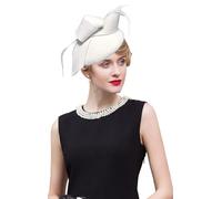 RZTA Damen Vintage 100% Wolle Filz Cloche Bucket Bowler Hut Winter Vintage Schleife Fedoras Kirche Fascinator Hut, 01-weiß, Einheitsgröße