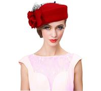 RZTA Damen Vintage Mütze aus 100% Wollfilz Cloche Bucket Bowler Hat Winter Vintage Bow Fedoras Church Derby Fascinator Hut, E5-rot, Einheitsgre