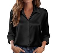 (S,Black)Women's satin shirt, silk button-down shirt, long-sleeved business casual top Burgundy XL