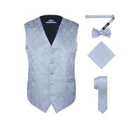S.H. Churchill & Co. Herren 4-teiliges Paisleymuster Set mit Fliege, Krawatte und Einstecktuch, silber, XXX-Large