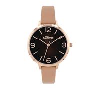s.Oliver Armbanduhr Damen Quarzuhr analog, mit Leder Armband, Gold, 3 bar wasserfest, Kommt in Uhren Geschenk Box, 2036549
