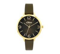 s.Oliver Armbanduhr Damen Quarzuhr analog, mit Leder Armband, Gold, 3 bar wasserfest, Kommt in Uhren Geschenk Box, 2036549
