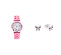 s.Oliver Armbanduhr Rosa mit passenden Schmetterlings-Ohrstecker für Mädchen aus 925 Sterling Silber, Kinderschmuck, Ohrschmuck