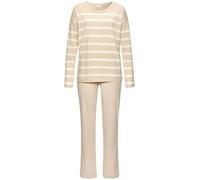 Pyjama S.OLIVER, Damen, Gr. 32/34, beige (beige, weiß, gestreift), Single Jersey, Obermaterial: 60% Baumwolle, 40% Polyester, gestreift, unifarben, casual, bequem lang, Rundhals, Langarm, Homewear-Set