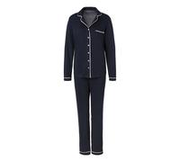 Pyjama S.OLIVER, Damen, Gr. 44/46, blau (nachtblau), Single Jersey, Obermaterial: 50% Baumwolle, 50% Viskose, unifarben, klassisch lang, V-Ausschnitt, mit Paspel Manschette, Homewear-Sets Pyjama, mit