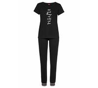Pyjama S.OLIVER, Damen, Gr. 40/42, schwarz, Single Jersey, Obermaterial: 100% Baumwolle, bequem lang, Rundhals, eingesetzt, Homewear-Sets Pyjama, mit gestreiften Rippbündchen (43818751-40) schwarz