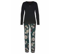 Pyjama S.OLIVER, Damen, Gr. 36/38, bunt (schwarz, dunkelgrün), Single Jersey, Obermaterial: 50% Baumwolle, 50% Viskose, geblümt, gerade lang, V-Ausschnitt, eingesetzt, Homewear-Sets Pyjama, mit geblüm