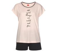 Shorty S.OLIVER Gr. 44/46, schwarz (hellrosa, schwarz) Damen Homewear-Sets Pyjamas mit gestreiften Bündchen und Schriftprint (39660015-44)