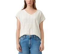 Kurzarmshirt QS, Damen, Gr. S (36), ecru, Jersey, Obermaterial: 98% Polyester, 2% Elasthan, unifarben, normal hüftbedeckend, V-Ausschnitt, abgesteppte Kante, Shirts, mit Häkel-Applikationen (25857633-