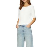 T-Shirt S.OLIVER, Damen, Gr. 42, beige (ecru), Jersey, Obermaterial: 95% Baumwolle, 5% Elasthan, unifarben, regular fit taillenbedeckt, Rundhals, Shirts, mit Logoschriftzug (61321247-42) ecru