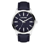 s.Oliver Herrenuhr - Rund - Silber - 44 mm - Uhr aus Metall mit Quarzwerk am Kunstlederband mit Dornschließe - Analoge Armbanduhr - 5 ATM wasserdicht - Kratzfest