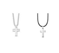 s.Oliver Kette mit Anhänger Edelstahl Herren Halsschmuck, 50 cm & Kette mit Anhänger Edelstahl Leder Jungen Kinder Halsschmuck, 40+3 cm, Schwarz, Kreuz, Kommt in Schmuck Geschenk Box, 2024225