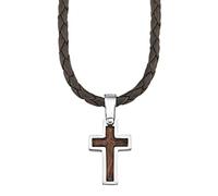 s.Oliver Kette mit Kreuzanhänger für Jungen, Anhänger: Holz/Edelstahl, Kette: Echtes Leder, Silber/Braun