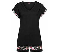 Shorty S.OLIVER, Damen, Gr. 40/42, schwarz, Single Jersey, Obermaterial: 50% Baumwolle, 50% Viskose, geblümt, unifarben, Basic, Basic kurz, V-Ausschnitt, angeschnitten Aufschlag, Homewear-Sets Shorty,