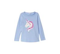 Langarmshirt S.OLIVER JUNIOR, Mädchen, Gr. 92/98, light blau, Jersey, Obermaterial: 100% Baumwolle, bedruckt, normal hüftbedeckend, Rundhals, Shirts Langarmshirt, mit Pailletten-Einhorn (57604836-92)