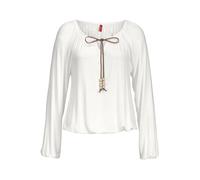 Langarmshirt S.OLIVER "mit Bindeband in Lederoptik am Ausschnitt, Boho-Style", Damen, Gr. 48/50, beige (creme), Jersey, Obermaterial: 95% Viskose, 5% Elasthan, unifarben, figurumspielend hüftlang, V-A