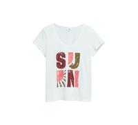 s.Oliver Red Label T-Shirt mit V-Ausschnitt, Flammgarnstruktur und Frontprint Weiß Größe 44