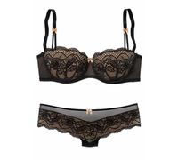 Set: Schalen-BH S.OLIVER, Damen, Gr. 70, Cup A, schwarz (schwarz, caramel), Obermaterial: 60% Polyamid, 35% Polyester, 5% Elasthan. Unterteil: 90% Polyamid, 10% Elasthan, BH-Sets, mit feiner, blumiger