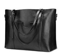 S-ZONE Damen 3-Way Schultertasche Vintage Echtleder Shopper Große Mode Laptop Arbeitstasche Umhängetasche Handtasche Messenger Bag, Schwarz, L